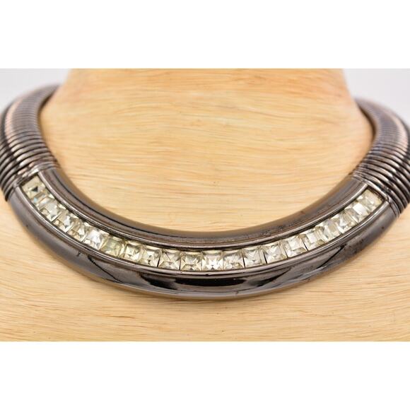 Givenchy Vintage Chunky Omega Collar Necklace Crystal Gunmetal Signed Bin7A